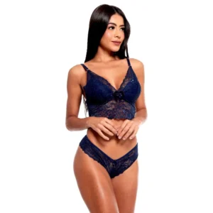 Conjunto Cropped Fio Dental Rendado Sensual Love ( AZUL MARINHO G )